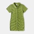 100% Cotton Solid Green Lapel Button Short-sleeve Ruched Bodycon Dress for Mom and Me Pale Green image 3