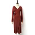 Solid Brown Ribbed Tie Waist Long-sleeve Belted Midi Wrap Dress for Mom and Me Brown
