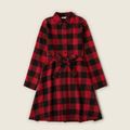 Red and Black Plaid Print Family Matching Sets（Lapel Long-sleeve Belted Dresses and Shirts） Red