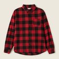 Red and Black Plaid Print Family Matching Sets（Lapel Long-sleeve Belted Dresses and Shirts） Red