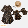Floral Print Black V Neck Bell Sleeve Ruffle Mini Dress for Mom and Me Black image 1