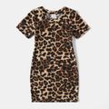 Leopard Short-sleeve Bodycon Split Dress for Mom and Me Brown