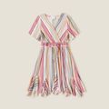 Pink Series Family Matching Sets（Striped Cross Wrap V Neck Short-sleeve Ruffle Hem Dresses and Colorblock T-shirts） Multi-color