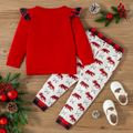 2-piece Toddler Girl Christmas Letter Print Ruffled Red Top and Plaid Animal Print Pants Set Red
