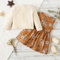 2pcs Baby Girl Long-sleeve Ribbed Cardigan and Floral Print Sleeveless Dress Set Color block