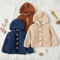 Toddler Boy Button Design Fuzzy Teddy Hooded Jacket Apricot