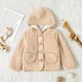 Toddler Boy Button Design Fuzzy Teddy Hooded Jacket Apricot