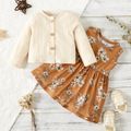 2pcs Baby Girl Long-sleeve Ribbed Cardigan and Floral Print Sleeveless Dress Set Color block image 1