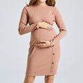 Maternity Stand Collar Long-sleeve Khaki Button Dress Khaki