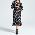 Maternity Black Floral Print Round-collar Long-sleeve Tiered Dress Black