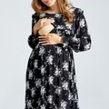 Maternity Black Floral Print Round-collar Long-sleeve Tiered Dress Black
