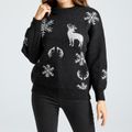 Christmas Elk Snowflake Print Round-collar Long-sleeve Black Sweater Black