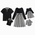 Family Matching Plaid Splicing Black Long-sleeve Dresses and Short-sleeve Polo Shirts Sets Black