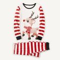 Christmas Cartoon Reindeer Print Family Matching Splicing Striped Long-sleeve Pajamas Sets (Flame Resistant) Dark blue/White/Red