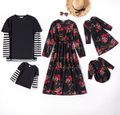 Floral Print Long Sleeve Family Matching Sets（ Black V Neck Tulip Hem Midi Dresses and Fake Two T-shirts） Black