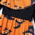 Kid Girl Halloween Pumpkin Print Flounce One Shoulder Strap Long-sleeve Dress Yellow