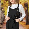 2-piece Kid Girl Mock Neck Long-sleeve White Top and Button Design Belted Black Overalls Set Black