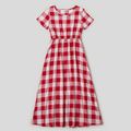 Red and White Plaid Short-sleeve Family Matching Sets(Midi Dresses and Colorblock T-shirts) Red/White