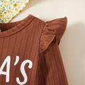 Baby Girl Letter Print Solid Ribbed Ruffle Long-sleeve Romper Coffee