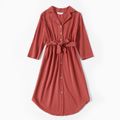 100% Cotton Solid Lapel V Neck Belted Long-sleeve Shirt Dress for Mom and Me Pink
