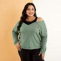 Women Plus Size Casual Faux-two Cold Shoulder Long-sleeve Tee Green