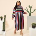 Women Plus Size Casual Colorful Stripe Hollow out Mock Neck Backless Tie Back Long-sleeve Dress Black/White/Red