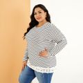 Women Plus Size Casual Stripe Floral Embroidered Hem Long-sleeve Tee White