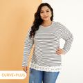 Women Plus Size Casual Stripe Floral Embroidered Hem Long-sleeve Tee White