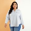 Women Plus Size Basics V Neck Pocket Design Long-sleeve Shirt Silver