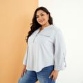 Women Plus Size Basics V Neck Pocket Design Long-sleeve Shirt Silver