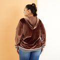 Women Plus Size Casual Striped Drawstring Hooded Zipper Velvet Jacket Sweatshirt Brown
