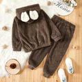 2-piece Kid Boy/Kid Girl Ear Design Fuzzy Hoodie Sweatshirt and Pants Set Brown