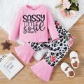 2pcs Baby Girl Letter Print Pink Long-sleeve Ribbed Top with Leopard and Floral Print Bell Bottom Pants Set Pink image 1