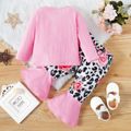 2pcs Baby Girl Letter Print Pink Long-sleeve Ribbed Top with Leopard and Floral Print Bell Bottom Pants Set Pink