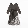 Grey Splicing Striped Family Matching Sets（Long-sleeve Maxi Dresses and T-shirts） Grey