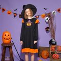Kid Girl Halloween Pumpkin Hat Print Ruffle Hem Long-sleeve Colorblock Dress Black