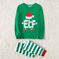 Christmas Elf Letter Print Green Family Matching Long-sleeve Striped Pajamas Sets (Flame Resistant) Green