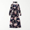 Family Matching All Over Floral Print V Neck Long-sleeve Dresses and Color Block T-shirts Sets Dark Blue