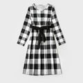 Black and White Plaid Long Sleeve Round Neck Belted Mini Dress for Mom and Me Black