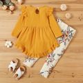 2-piece Toddler Girl Bowknot Design High Low Solid/Floral Print Long-sleeve Top and Leggings Set Yellow