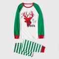 Christmas Deer and Letter Print Snug Fit Family Matching Green Raglan Long-sleeve Striped Pajamas Sets Green/White