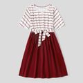 Red and White Striped  Short-sleeve Family Matching Sets(Belted Splicing Dresses and T-shirts) Red/White