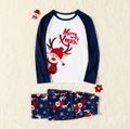 Merry Xmas Letters and Reindeer Print Navy Family Matching Long-sleeve Pajamas Sets (Flame Resistant) Dark blue/White/Red