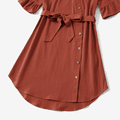100% Cotton Solid V Neck Ruffle Sleeve Belted Dress for Mom and Me Brick red