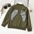 Kid Girl Letter Embroidered Back Sequined Wing Design Zipper Bomber Jacket Army green