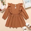 Toddler Girl 100% Cotton Floral Embroidered Ruffled Long-sleeve Dress Brown