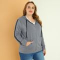 Women Plus Size Casual Striped Drawstring Zipper Hoodie Sweatshirt Dark Grey
