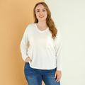 Women Plus Size Basics V Neck High Low Long-sleeve White Tee White