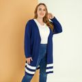 Women Plus Size Casual Striped Knit Midi Cardigan Navy