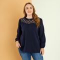 Women Plus Size Elegant Floral Print Mesh Design Long-sleeve Blouse Dark Blue